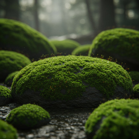 Green moss on rocks in a foggy forest. Selective focus.の素材
