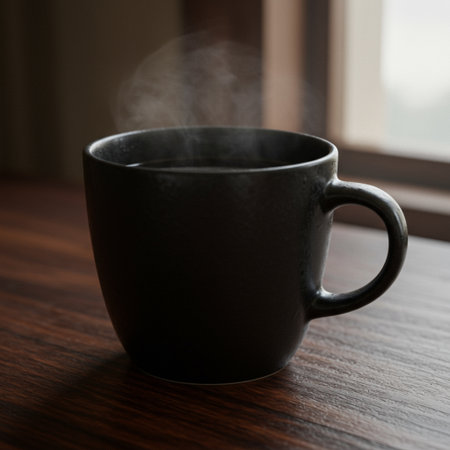 Coffee cup with steam on a wooden table in the morningの素材