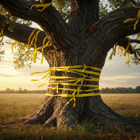 Big tree with yellow ribbons at sunset. Conceptual image.の素材