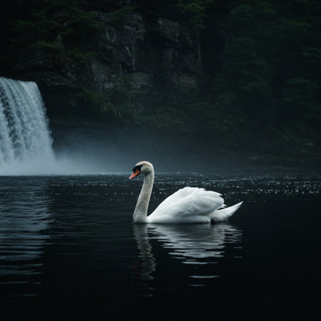 Beautiful white swan swimming on a lake with a waterfall in the backgroundの素材