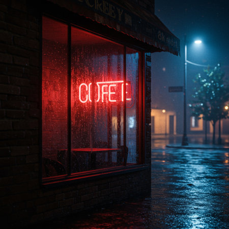 Illuminated restaurant door with open sign in foggy night.の素材