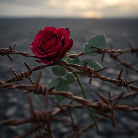 Red rose and barbed wire on the background of the sea.の素材