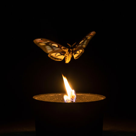 Butterfly on a candle in the dark, with a black backgroundの素材