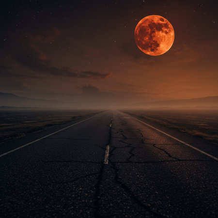 Full moon over asphalt road at night. Halloween concept. 3D Renderingの素材
