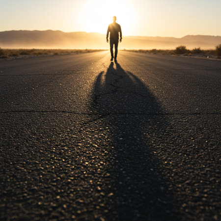 Silhouette of a man walking on the road in the desertの素材