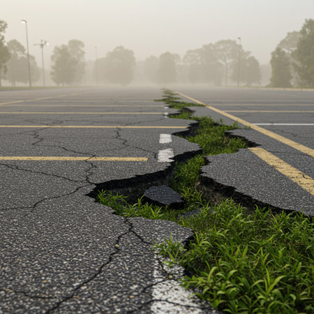 Broken asphalt road with green grass and potholes in the morningの素材