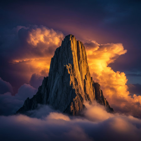 Mountain peak in clouds at sunset, Dolomites, Italyの素材
