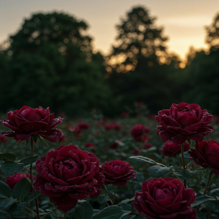 Beautiful dark red roses in the garden at sunset. Shallow depth of fieldの素材