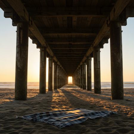 Sunset on the beach under the pier in San Diego, Californiaの素材