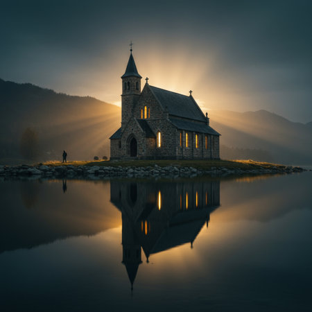 Church on a small island in the middle of a lake at sunrise.の素材