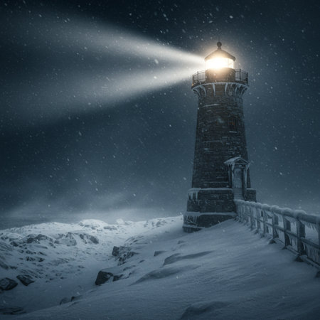 Lighthouse in the snow at night. Winter landscape with a lighthouseの素材