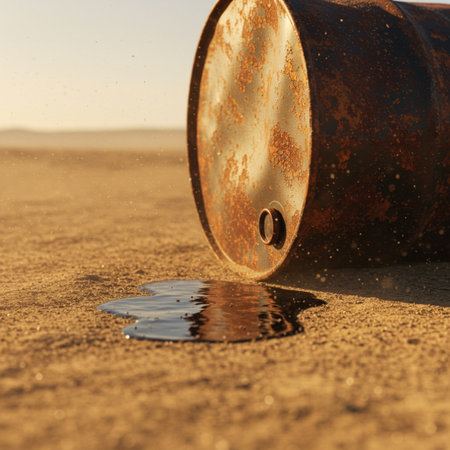 Rusty oil drum in the sand. Conceptual image of environmental pollution.の素材