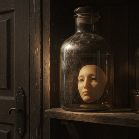 Vintage glass bottle with face in front of old wooden door.の素材