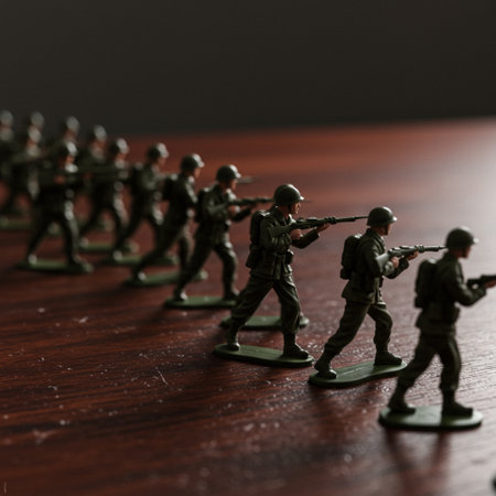 Toy soldiers on a wooden table. Selective focus. Shallow depth of field.の素材