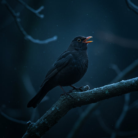 Blackbird (Turdus merula) on a branch in the forestの素材