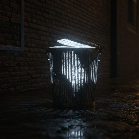 Garbage bin in the rain at night. Concept of environmental pollution.の素材