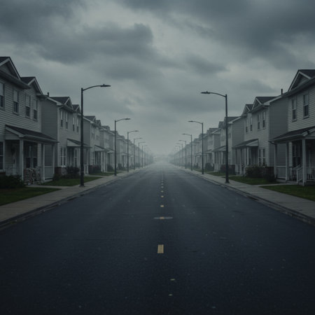 A row of single story houses along a street in the fog.の素材