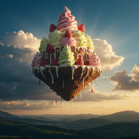 Strawberry ice cream in heart shaped balloon on blue sky backgroundの素材