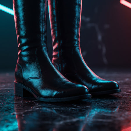 Close up of female legs in black leather boots on dark background with neon lightの素材