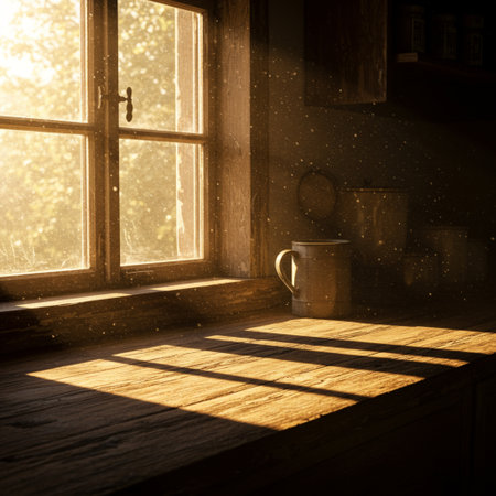 Cup of coffee on a wooden window sill in the morning lightの素材