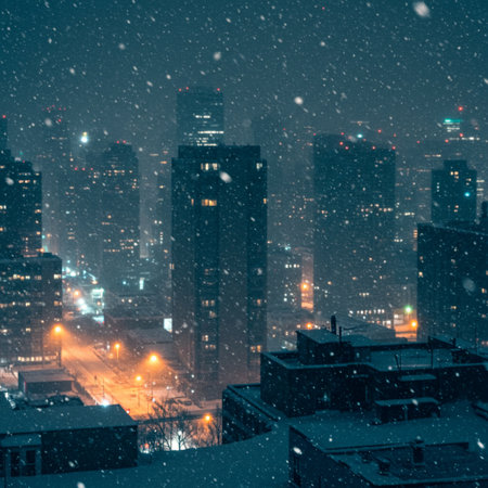 Night view of the city with snow and falling snowflakes.の素材