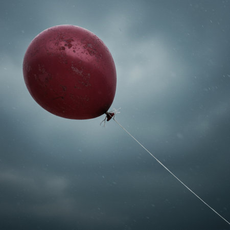 Red balloon flying in the stormy sky. Filtered image processed vintage effect.の素材