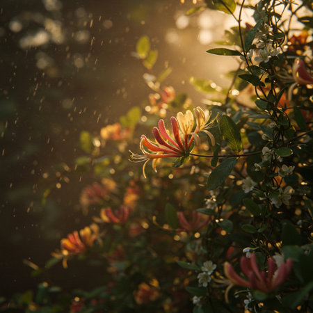 Flowers in the garden in the rain. Spring and summer.の素材