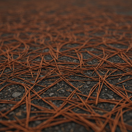 A closeup shot of a lot of needles on an asphalt surfaceの素材