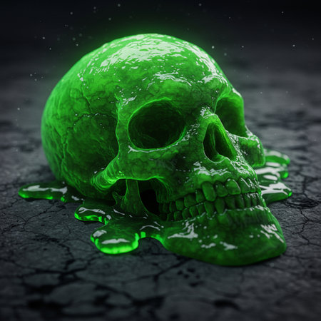 Green skull on cracked ground background. 3d render. Halloween conceptの素材