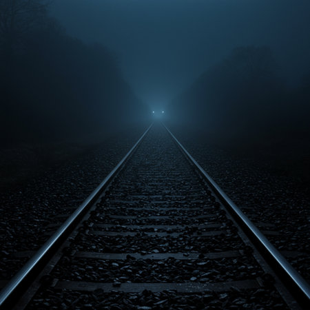 Railway tracks in a foggy forest at night, tonedの素材