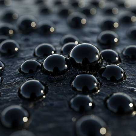 Water drops on a black stone surface. Shallow depth of field.の素材