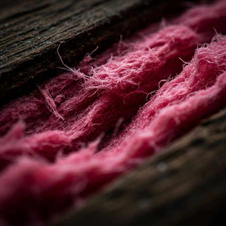 Pink wool on old wooden background. Selective focus. Shallow depth of field. Toned.の素材