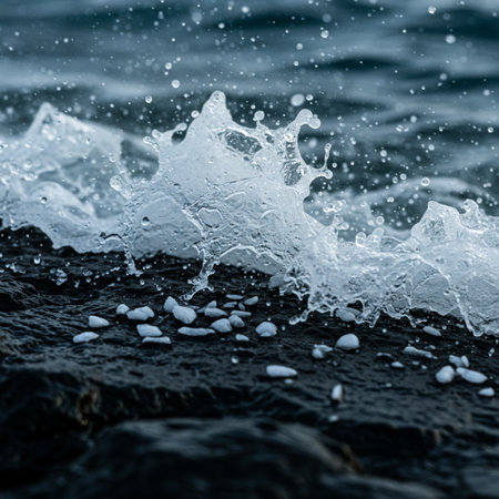 Splashes of water on the black sand beach. Shallow depth of fieldの素材