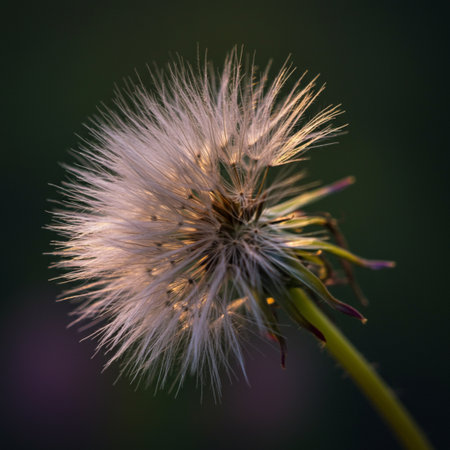Closeup of a dandelion seed head on a green backgroundの素材
