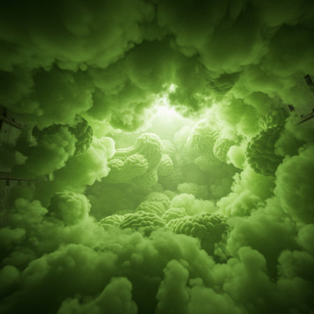 abstract green background with clouds and sun ray, 3d illustrationの素材