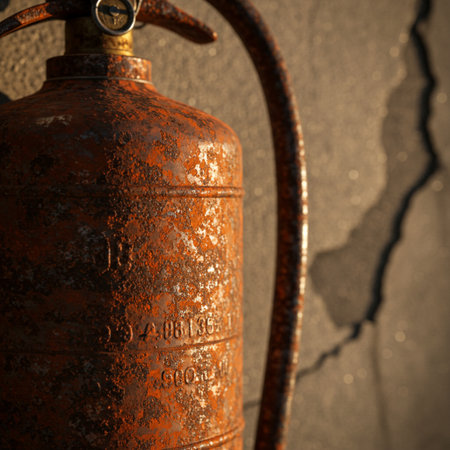 Old fire extinguisher on a grunge background. Selective focus.の素材