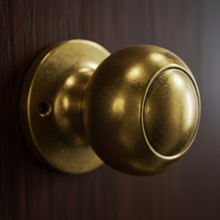 Old brass door knob on a wooden door. Selective focus.の素材