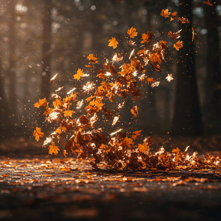Autumn forest with fallen leaves. Autumn nature background. Selective focusの素材