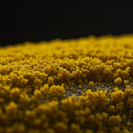 Macro shot of yellow moss on black background. Macro photography.の素材