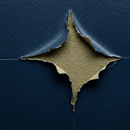 Broken hole in blue leather for textured background. Toned.の素材