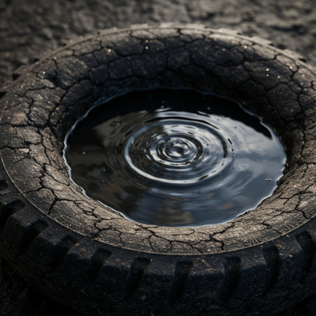 Puddle of water on a car tire. Selective focus. Toned.の素材