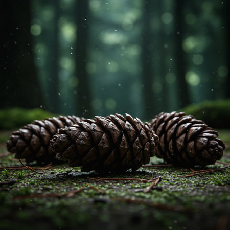 Pine cones on moss in the dark forest. Christmas background.の素材