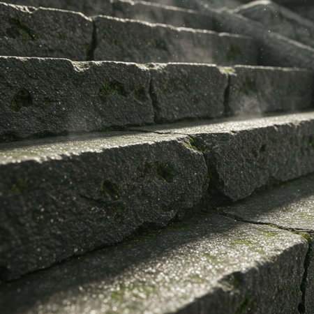 Concrete stairs with green moss. Selective focus. Shallow depth of fieldの素材