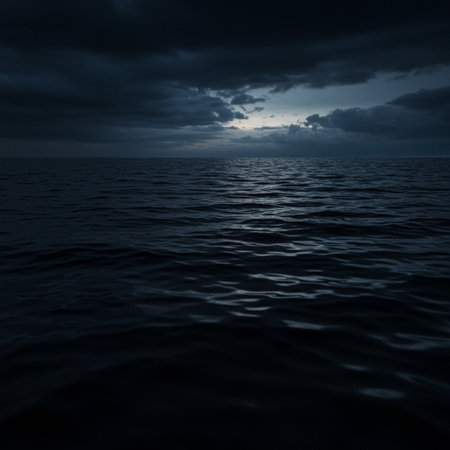 Dark cloudy sky over the sea at night. Dramatic seascape.の素材