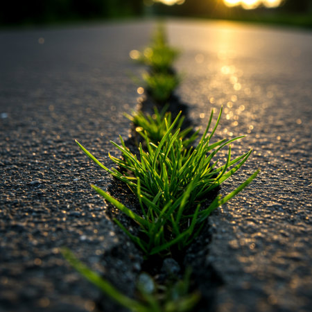 Green grass growing through crack in asphalt road at sunset, shallow depth of fieldの素材