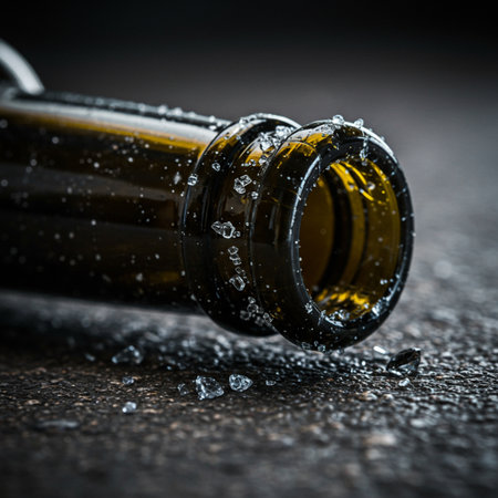 Close up of a bottle of champagne with water droplets on dark background.の素材