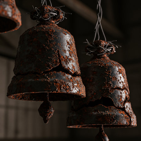 Old rusty bells in the church. Close-up. Dark background.の素材