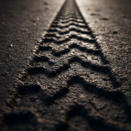 Tire tracks on the asphalt road. Selective focus. Toned.の素材