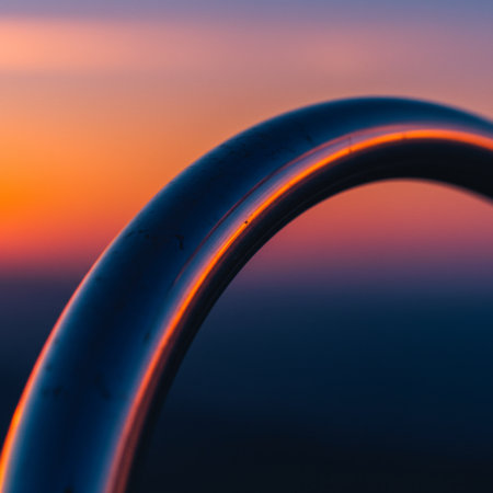 Metal handrails on the background of the sunset. Shallow depth of fieldの素材