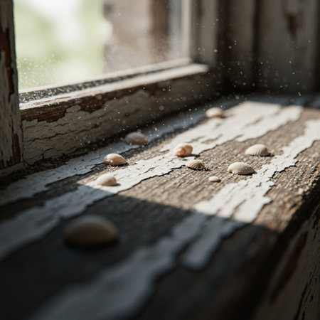 Shells on the old wooden windowsill in the rain, selective focusの素材